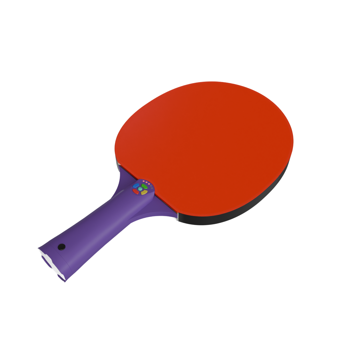 Racket Racket paddle — red face, multicolour button cluster, purple handle, mid-swing.